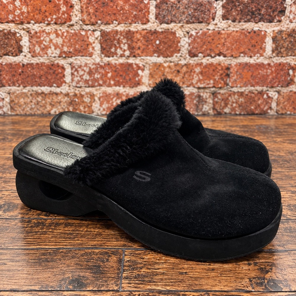 Y2K VTG Skechers Black Suede Faux Fur Platform Clogs Mules 9 2000s Bratz Grunge